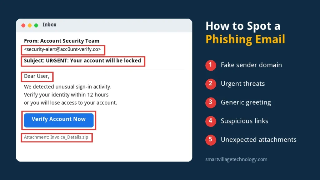 How to spot a phishing email: annotated example showing a fake sender domain, urgent subject line, generic greeting, suspicious link and unexpected attachment