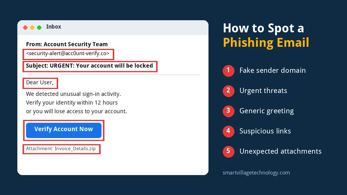 How to spot a phishing email: annotated example showing a fake sender domain, urgent subject line, generic greeting, suspicious link and unexpected attachment